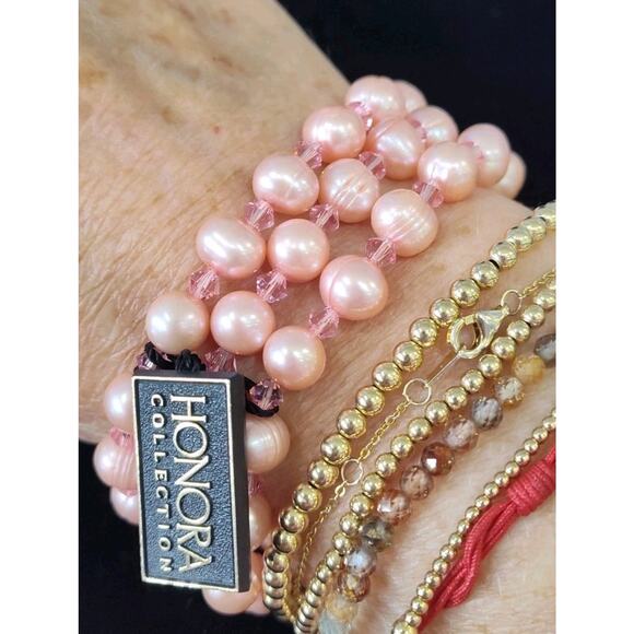 HONORA Pink Freshwater Pearl & Crystal Stretch Bracelet Set Of 3 New With Tags - Picture 1 of 3